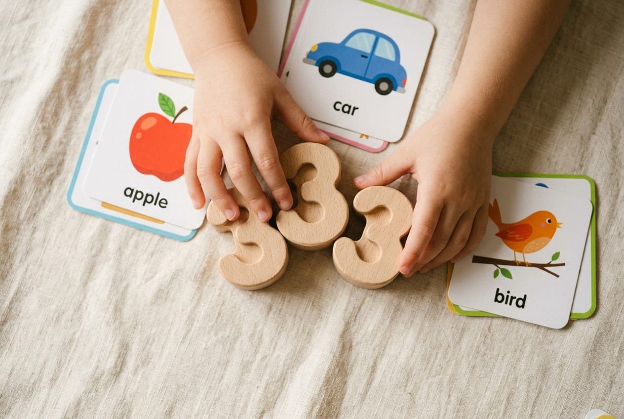 Manos de niño de 3 años con bloques numéricos y tarjetas
