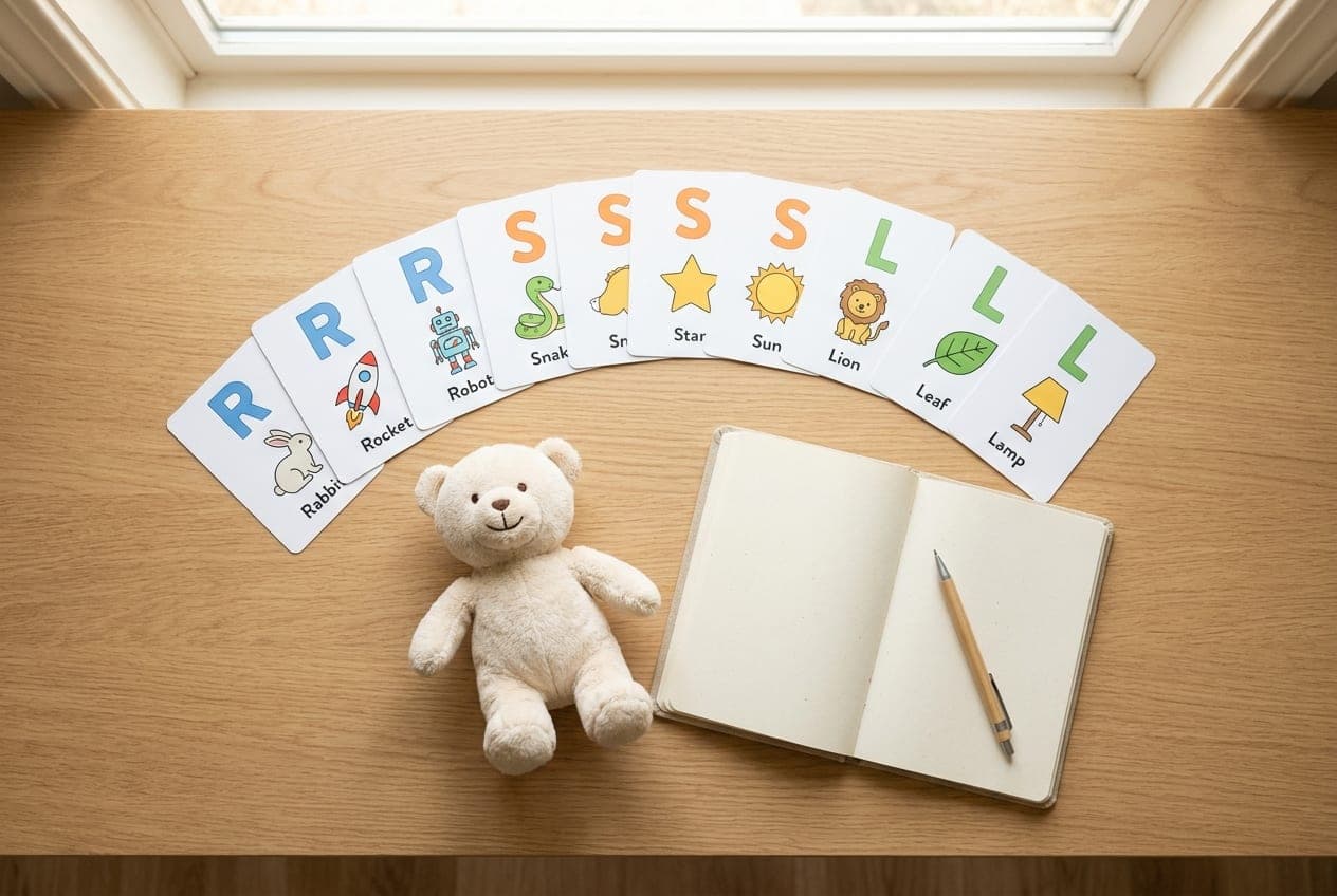 Tarjetas de articulación con los fonemas R, S, L sobre mesa de madera