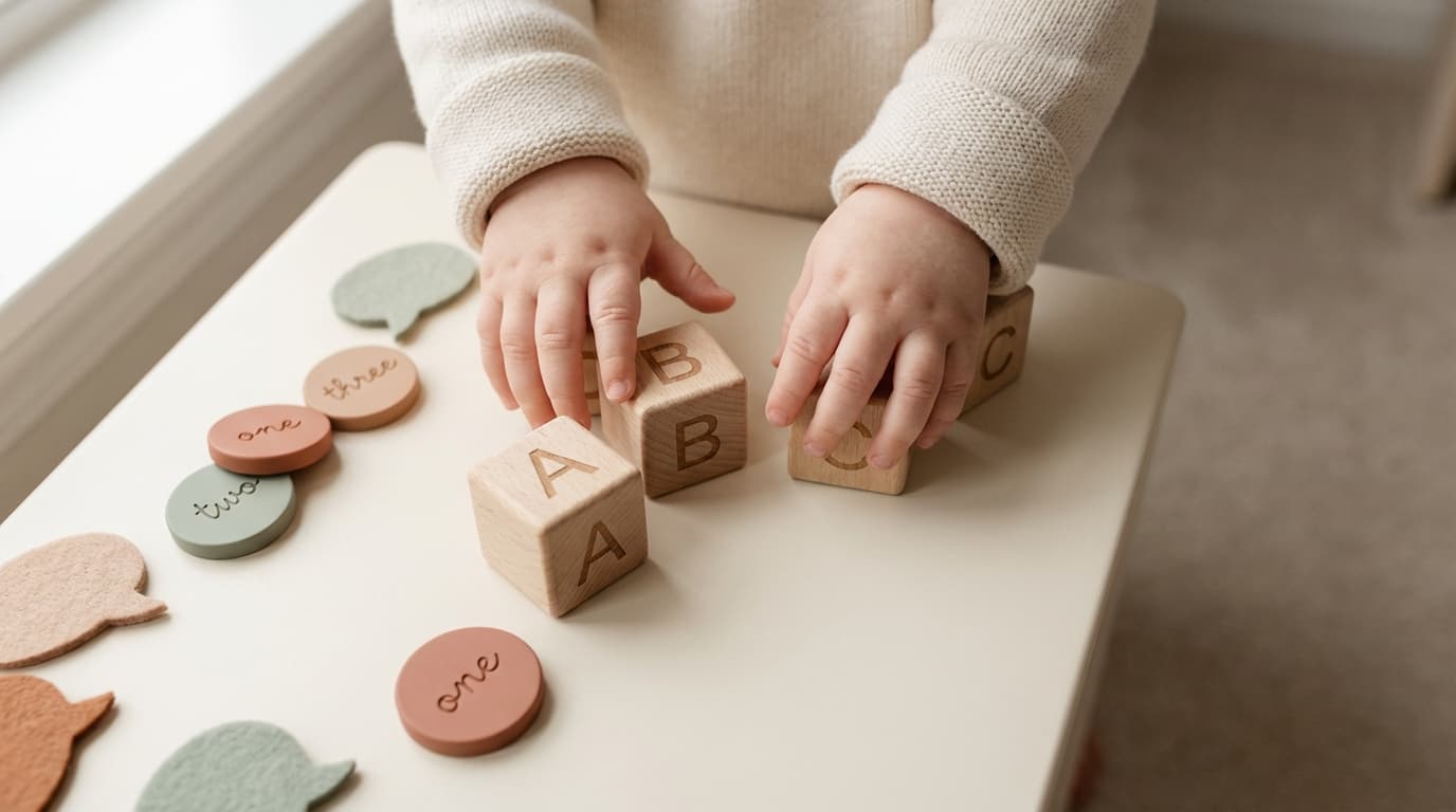 Manos de niño con bloques de letras y hitos del habla