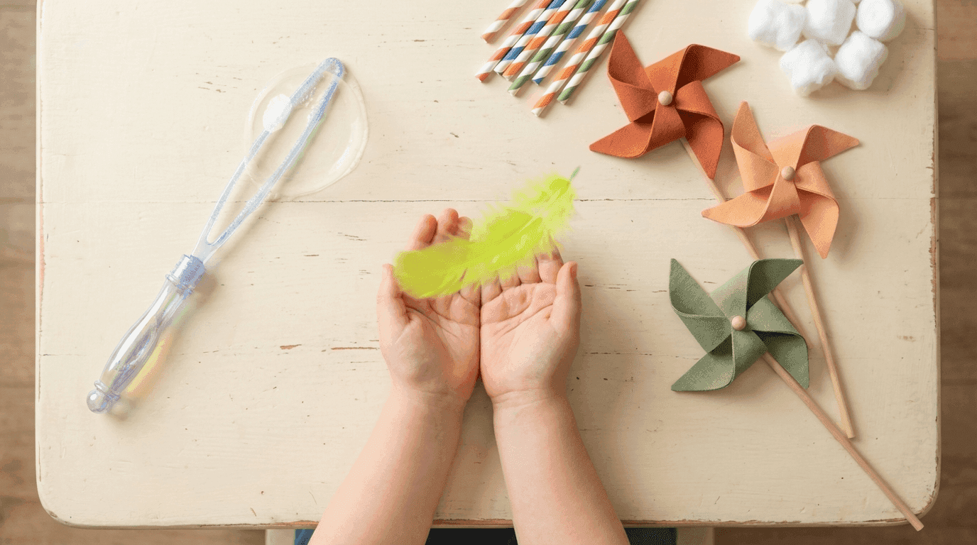Ejercicios de soplo para niños con plumas y pompas