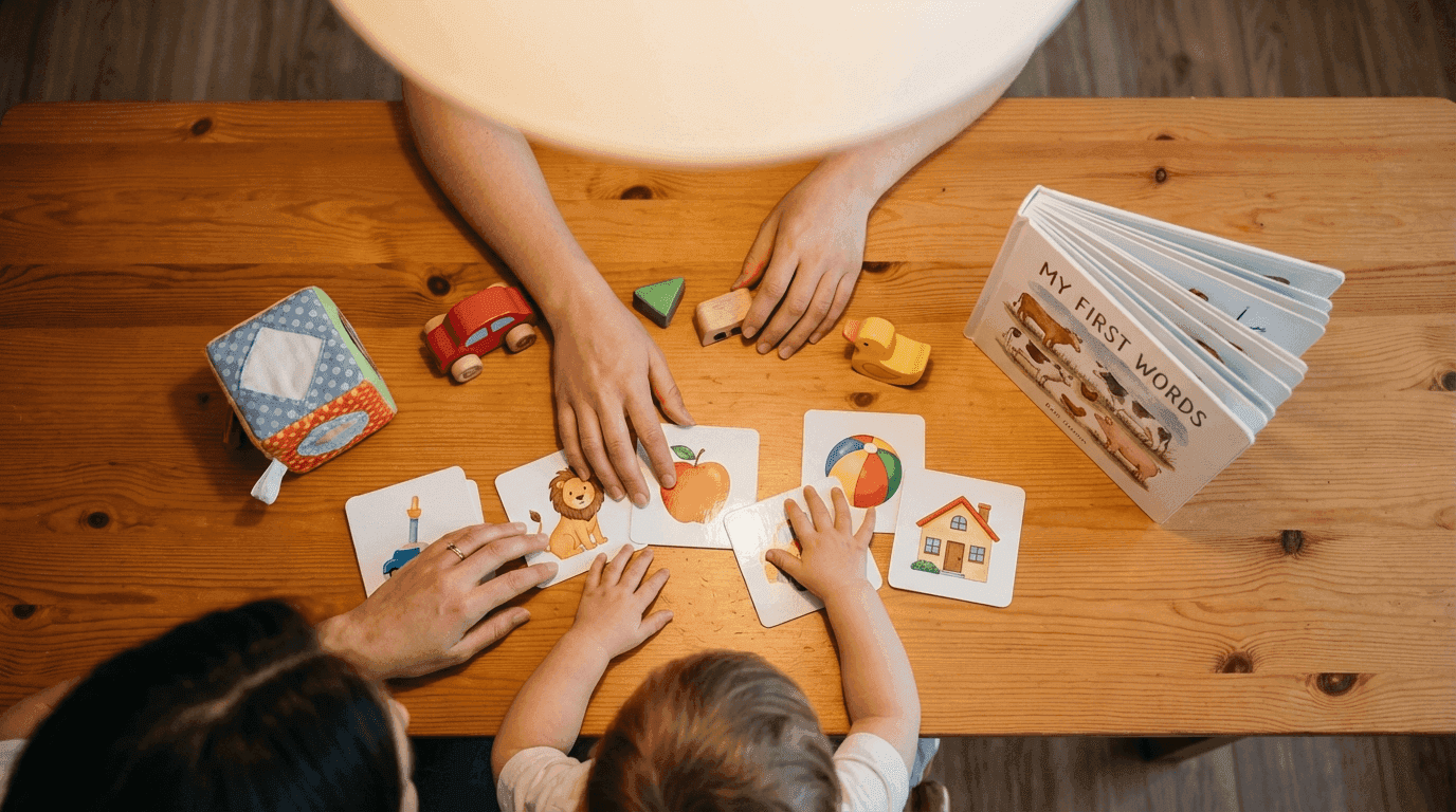 Manos de padre e hijo con materiales de estimulación del lenguaje