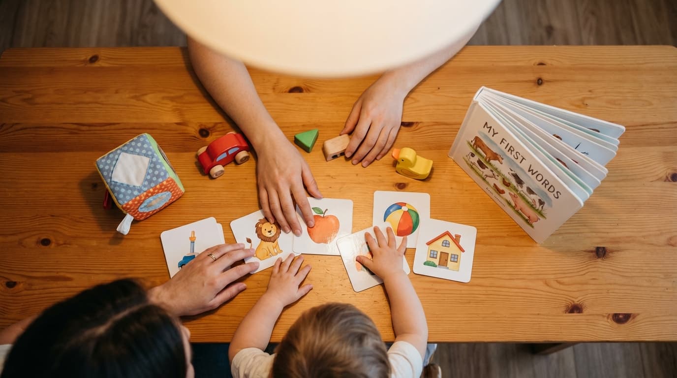 Manos de padre e hijo con materiales de estimulación del lenguaje