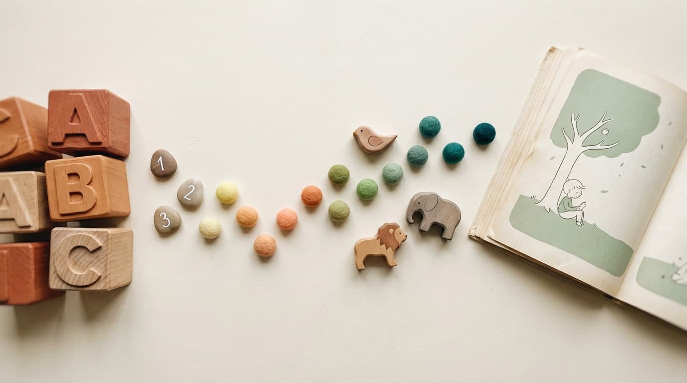 Bloques de letras y libro abierto simbolizando etapas del lenguaje