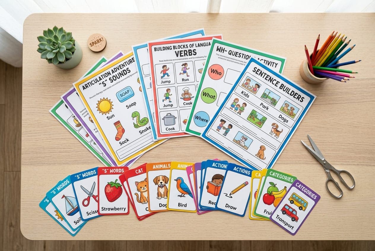 Fichas de logopedia infantil imprimibles sobre mesa de madera