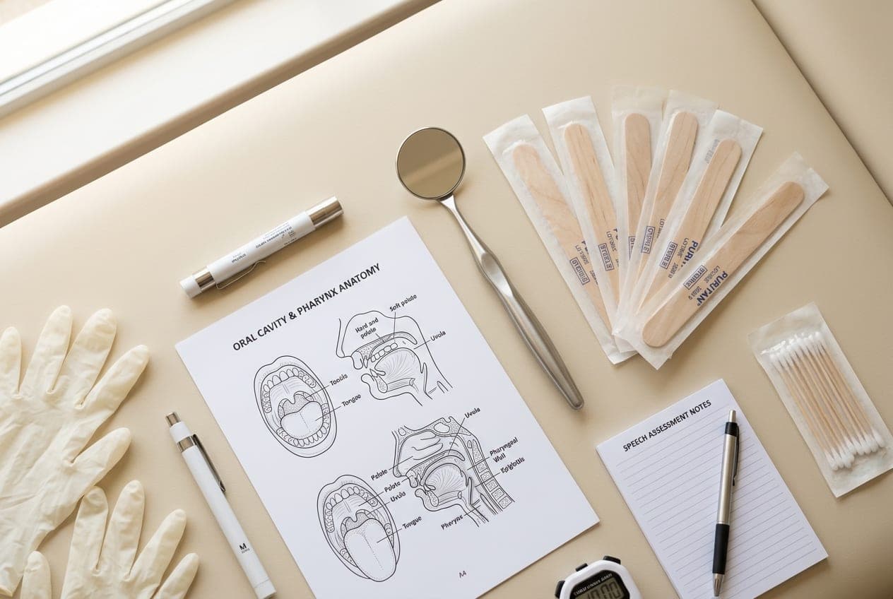 Materiales de evaluación oral: espejo y depresores linguales sobre superficie crema