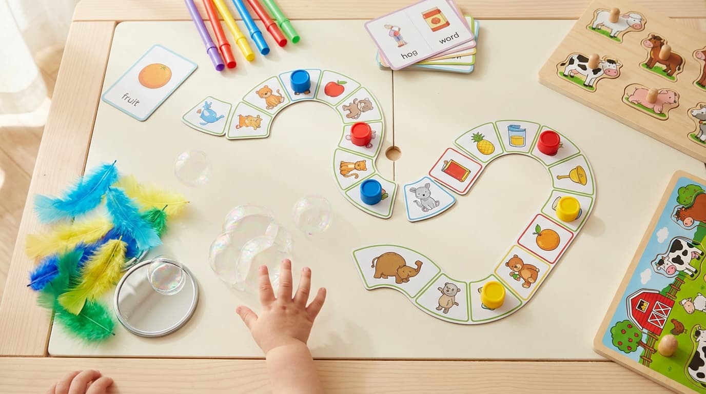 Juegos de logopedia infantil sobre una mesa