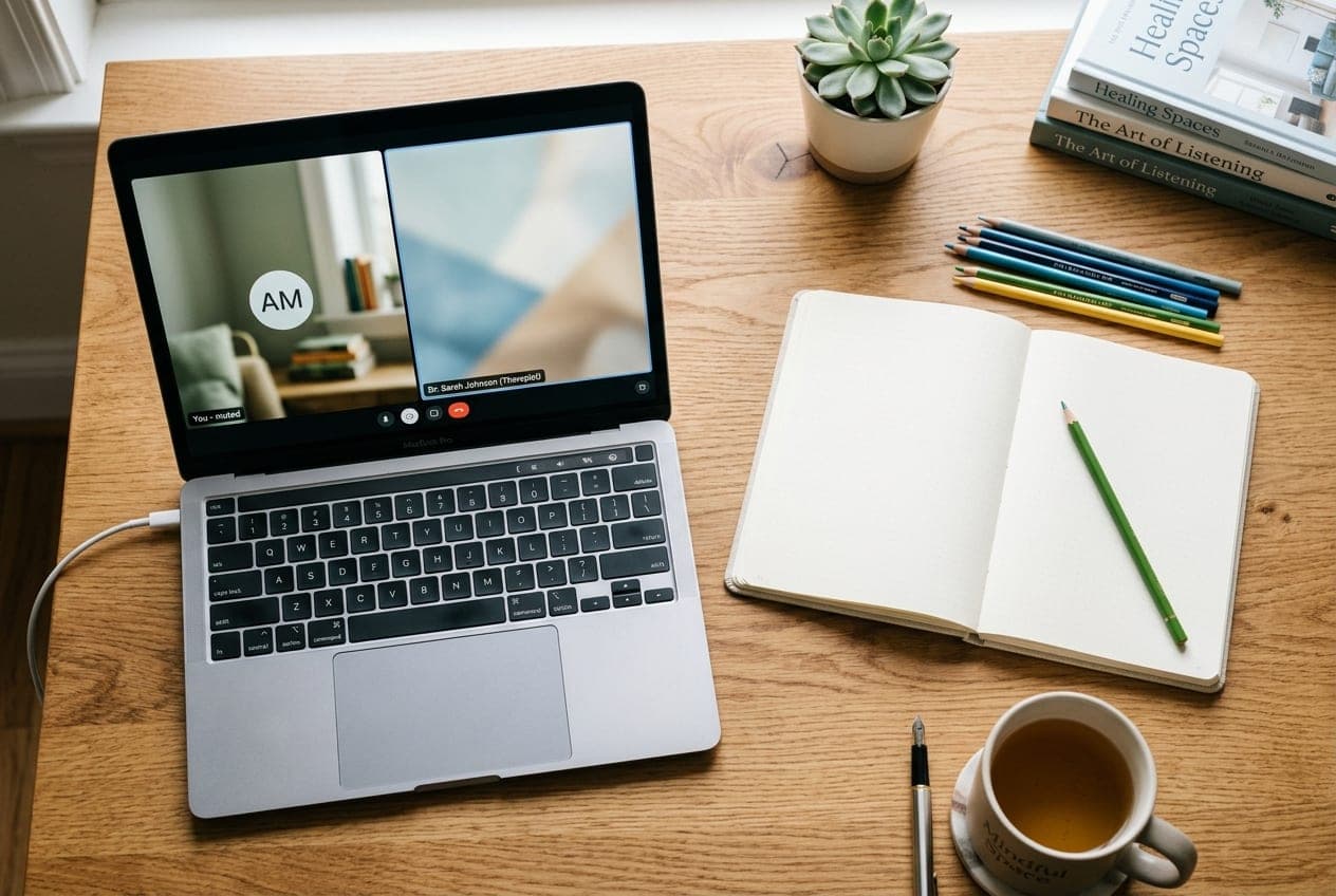 Portátil con sesión de logopedia online y cuaderno de anotaciones