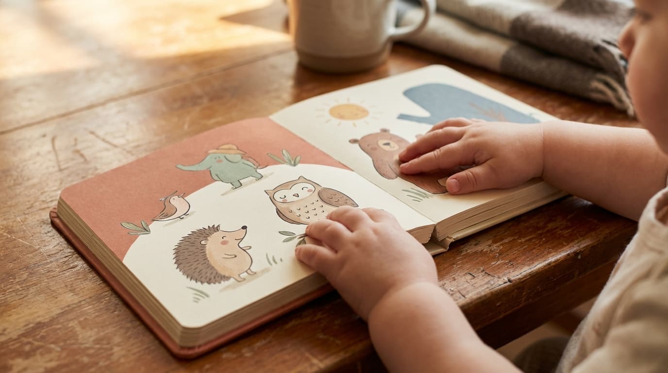 Manos de un niño señalando un libro ilustrado