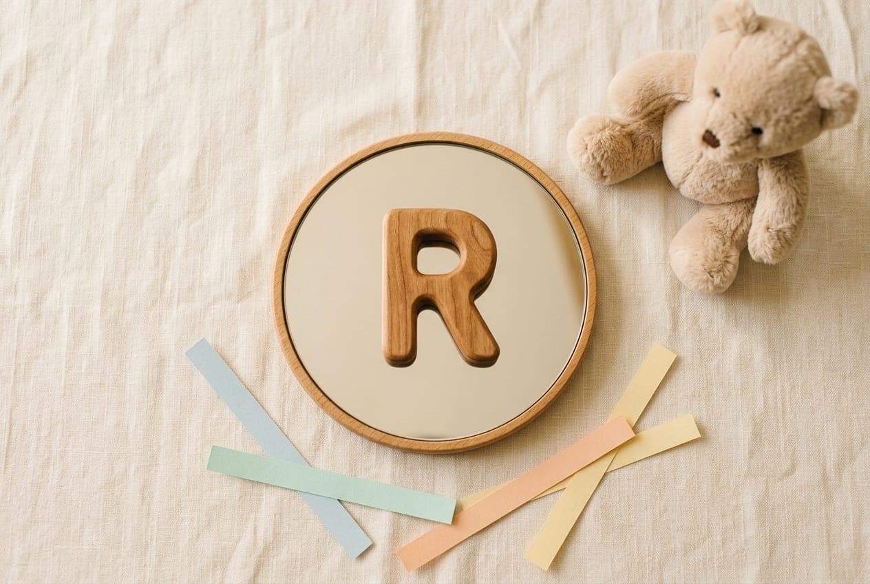 Espejo de logopedia con letra R y materiales para trabajar la vibración lingual