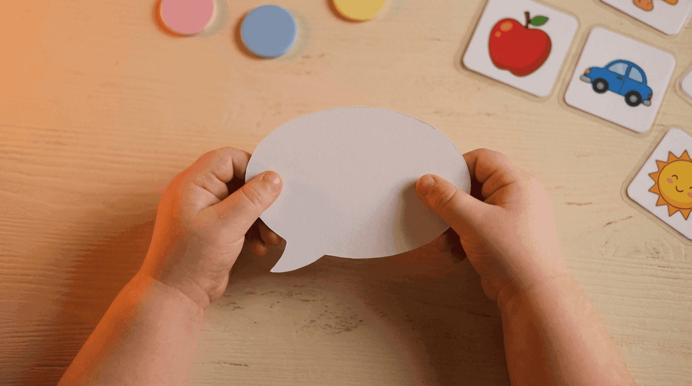 Manos de niño con burbuja de diálogo y tarjetas