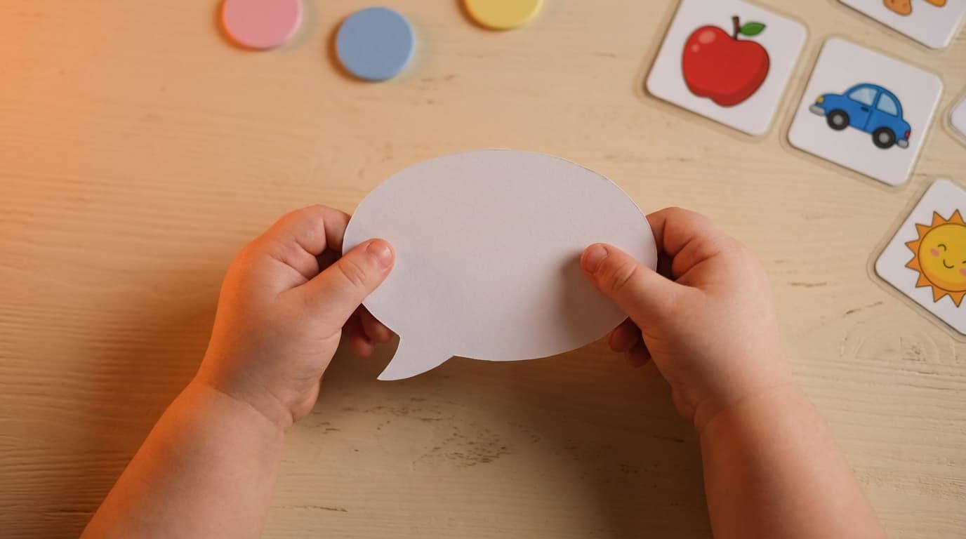 Manos de niño con burbuja de diálogo y tarjetas