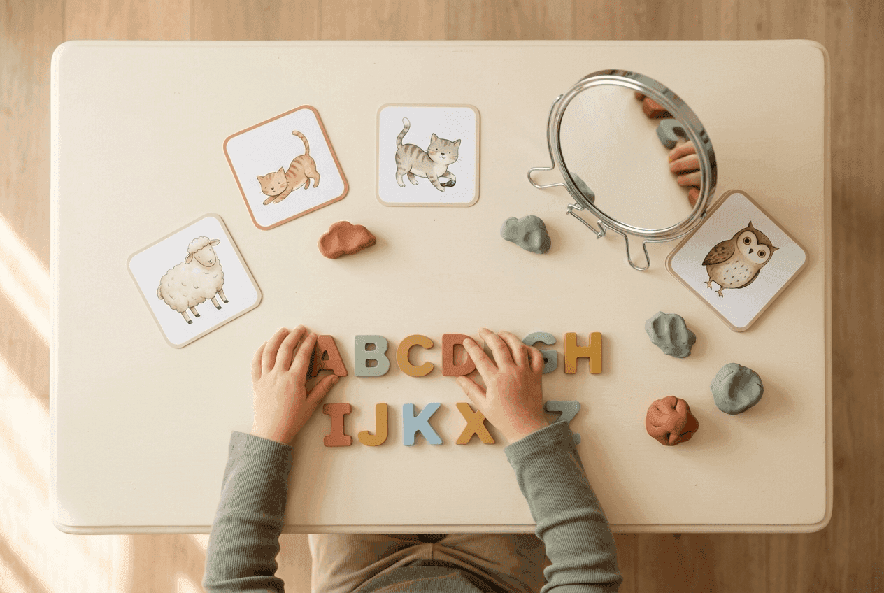 Mesa de trabajo de logopedia infantil con letras de madera, tarjetas ilustradas y materiales educativos