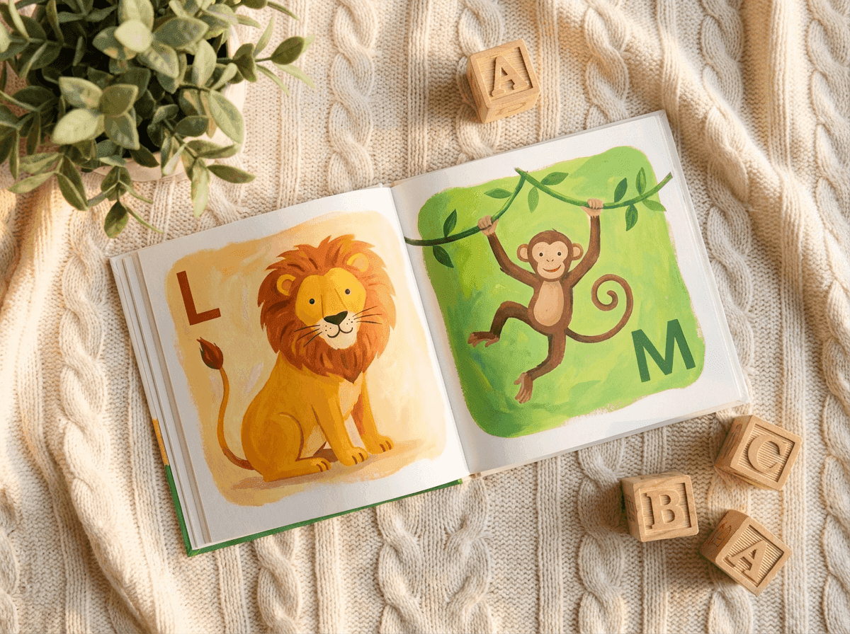 Libro infantil abierto con ilustraciones y bloques de letras de madera