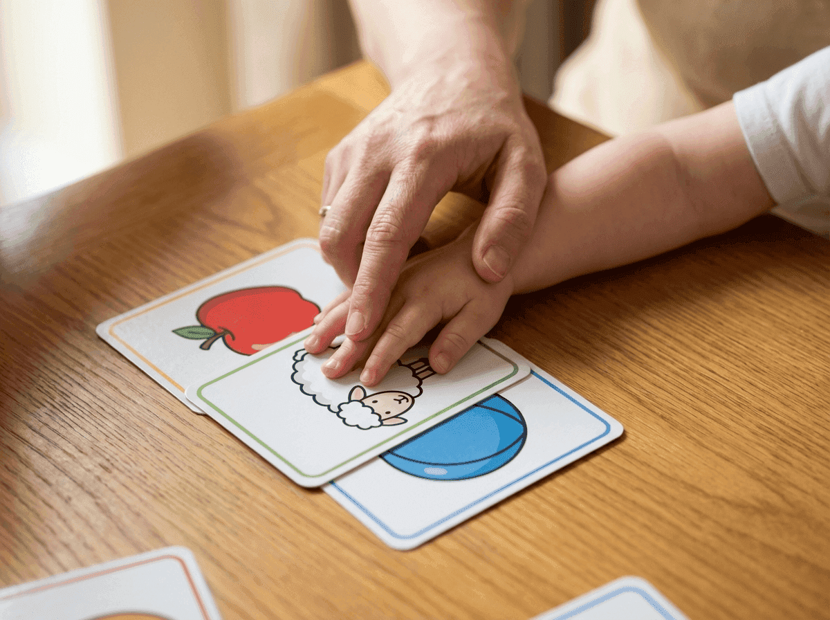 Manos de padre e hijo haciendo ejercicios de logopedia con tarjetas ilustradas