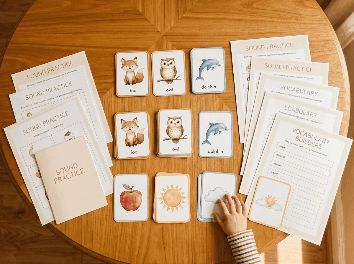 Fichas y tarjetas de logopedia infantil sobre una mesa de madera con la mano de un niño