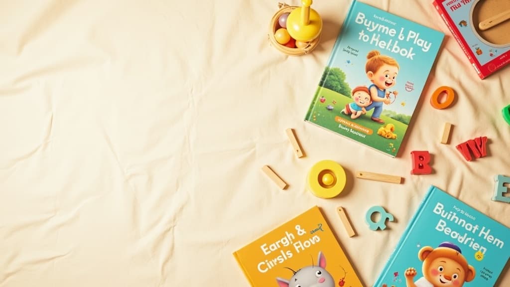 Libros infantiles y materiales educativos de madera sobre superficie crema